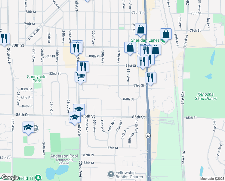 map of restaurants, bars, coffee shops, grocery stores, and more near 8329 17th Avenue in Kenosha
