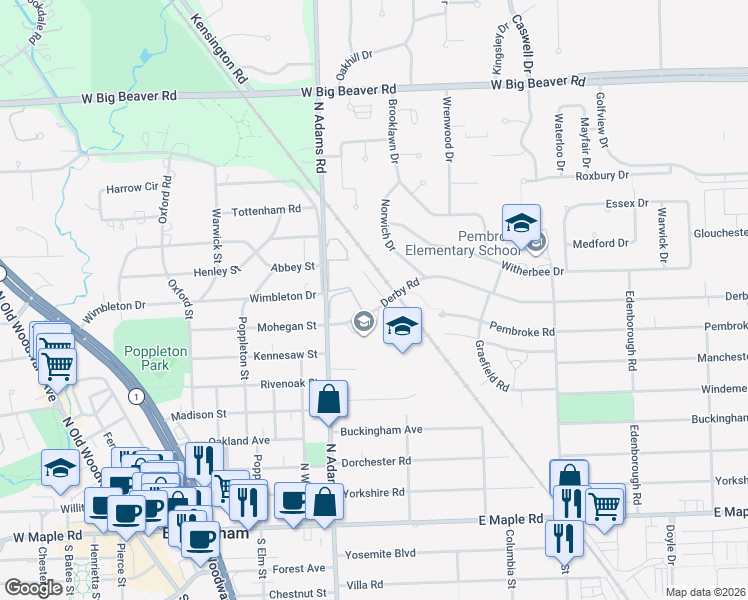 map of restaurants, bars, coffee shops, grocery stores, and more near 1225 Derby Road in Birmingham