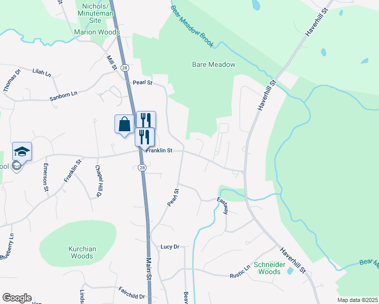 map of restaurants, bars, coffee shops, grocery stores, and more near 71 Franklin Street in Reading