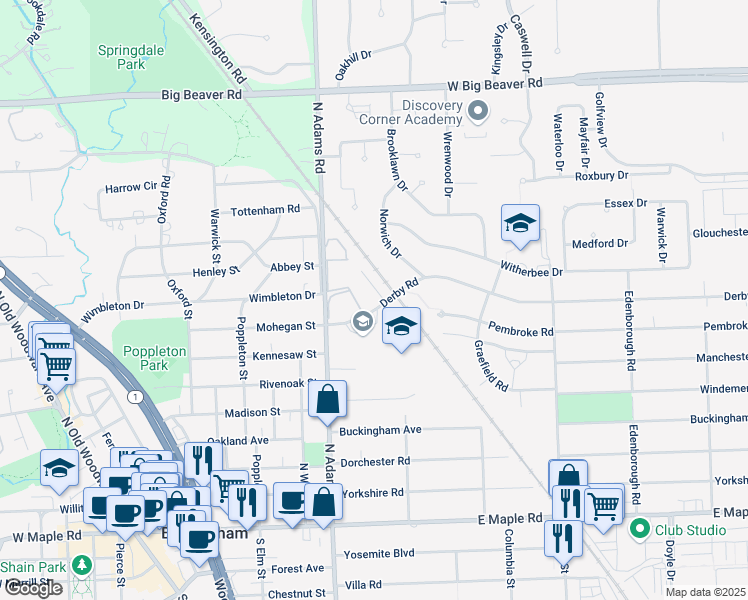 map of restaurants, bars, coffee shops, grocery stores, and more near 1225 Derby Road in Birmingham