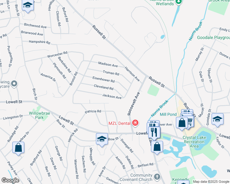map of restaurants, bars, coffee shops, grocery stores, and more near 24 Jackson Avenue in Peabody