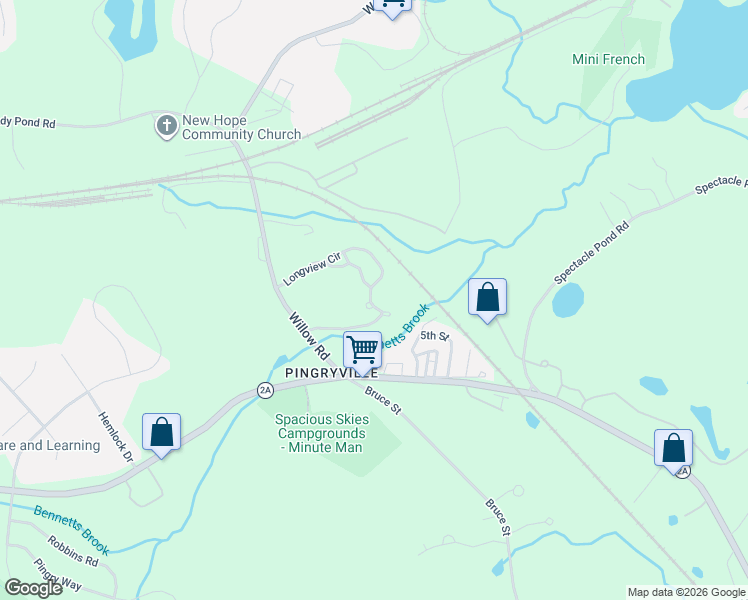map of restaurants, bars, coffee shops, grocery stores, and more near 47 Longview Circle in Ayer