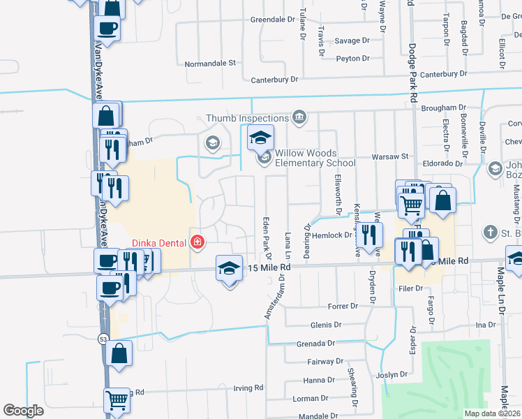 map of restaurants, bars, coffee shops, grocery stores, and more near 35203 Eden Park Drive in Sterling Heights