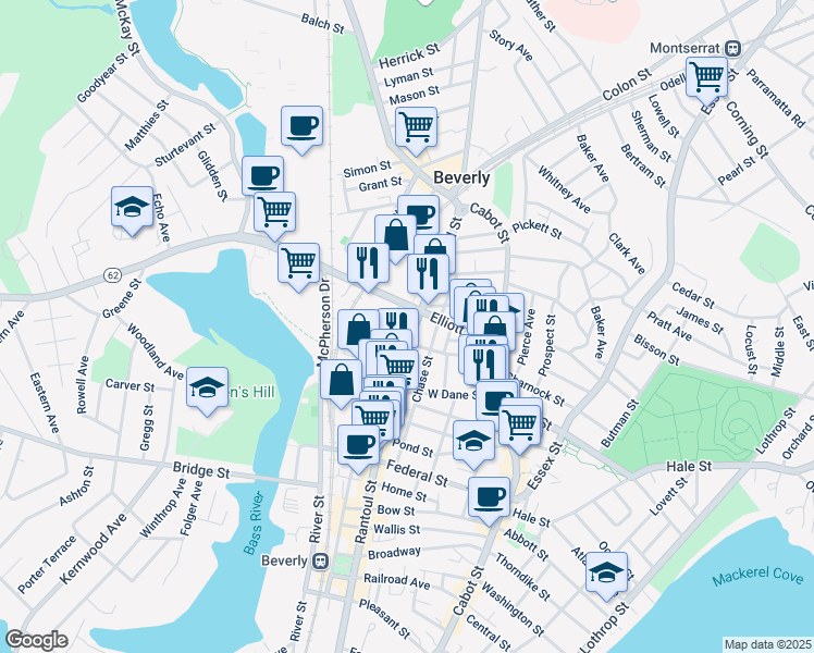 map of restaurants, bars, coffee shops, grocery stores, and more near 38 Roundy Street in Beverly
