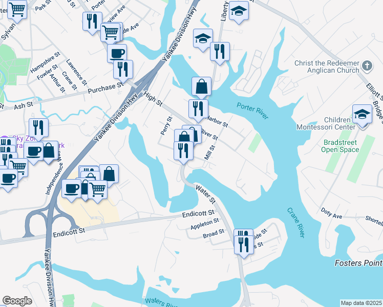 map of restaurants, bars, coffee shops, grocery stores, and more near 24 Water Street in Danvers