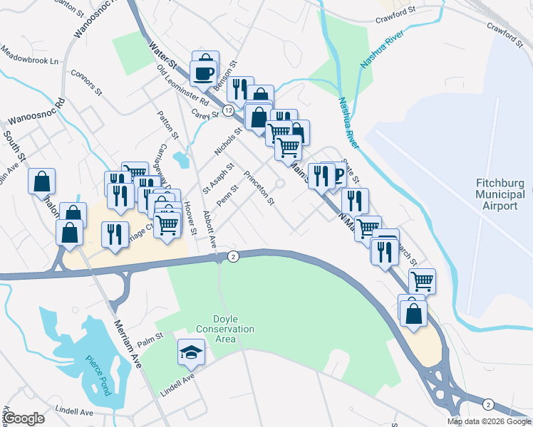 map of restaurants, bars, coffee shops, grocery stores, and more near 254-56 Sampson Street in Leominster