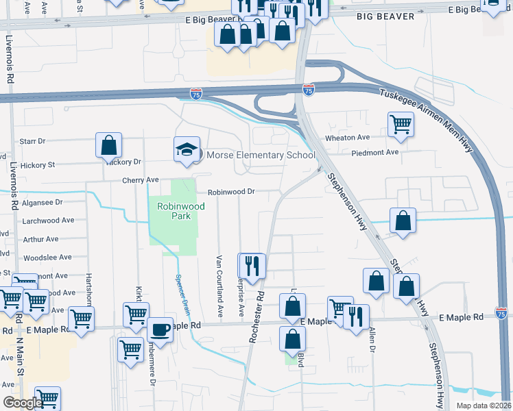 map of restaurants, bars, coffee shops, grocery stores, and more near 2005 Rochester Road in Troy