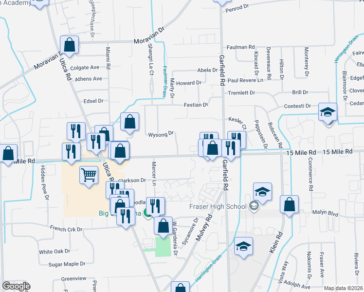 map of restaurants, bars, coffee shops, grocery stores, and more near 16477 15 Mile Road in Clinton Township