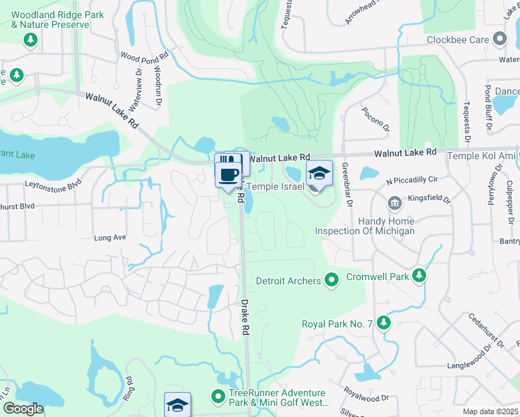 map of restaurants, bars, coffee shops, grocery stores, and more near 5618 Drake Hollow Drive West in West Bloomfield Township