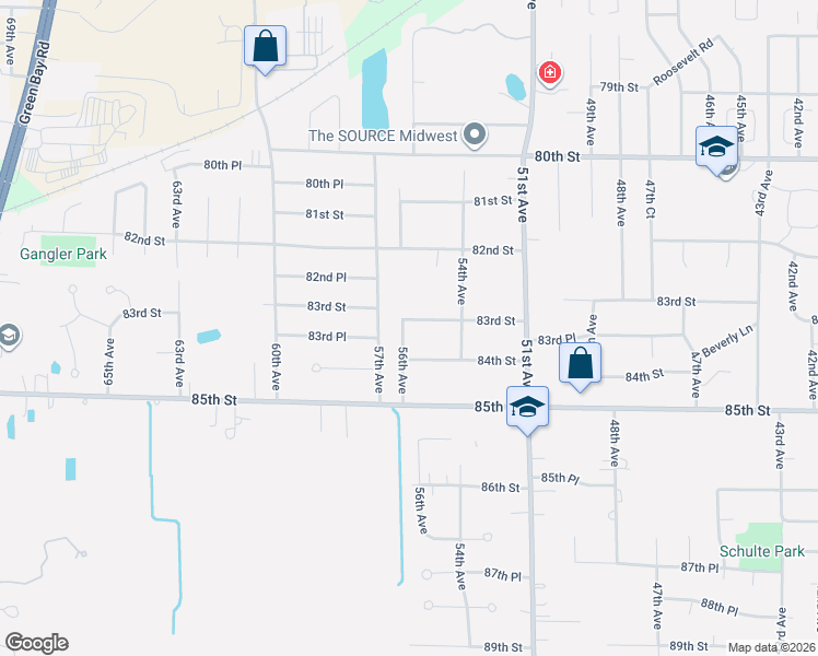 map of restaurants, bars, coffee shops, grocery stores, and more near 5524 84th Street in Kenosha