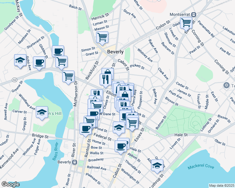 map of restaurants, bars, coffee shops, grocery stores, and more near 31 Elliott Street in Beverly