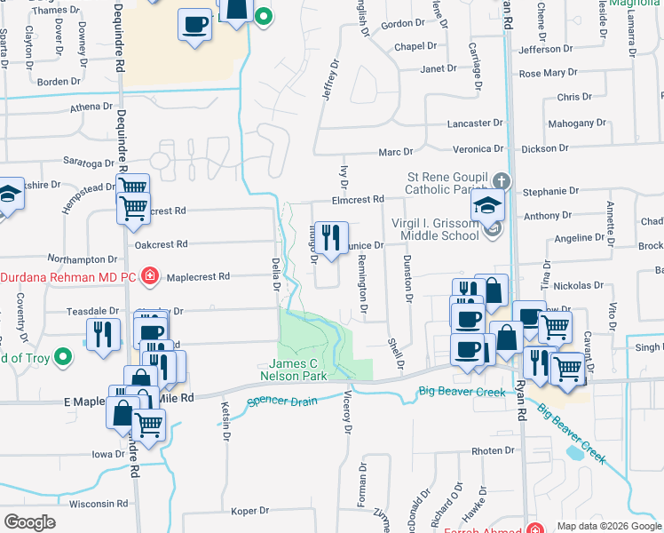 map of restaurants, bars, coffee shops, grocery stores, and more near 35549 Connecticut Drive in Sterling Heights
