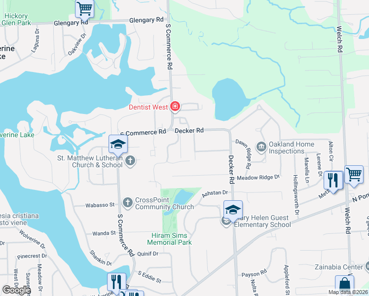 map of restaurants, bars, coffee shops, grocery stores, and more near 2151 Decker Road in Walled Lake
