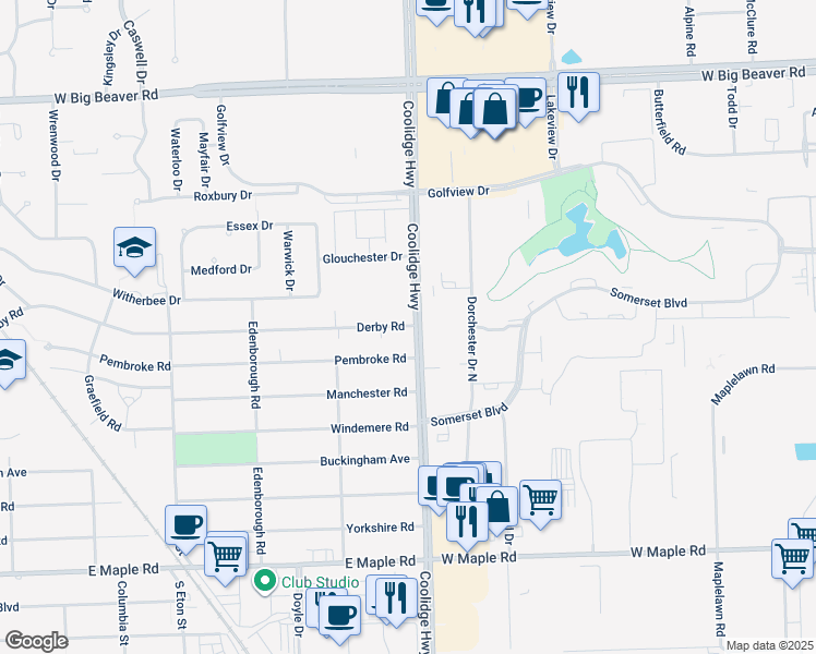 map of restaurants, bars, coffee shops, grocery stores, and more near 1265 Coolidge Road in Birmingham