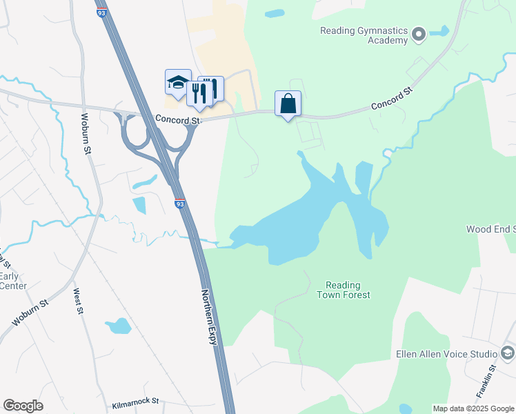 map of restaurants, bars, coffee shops, grocery stores, and more near 400 Riverpark Drive in North Reading