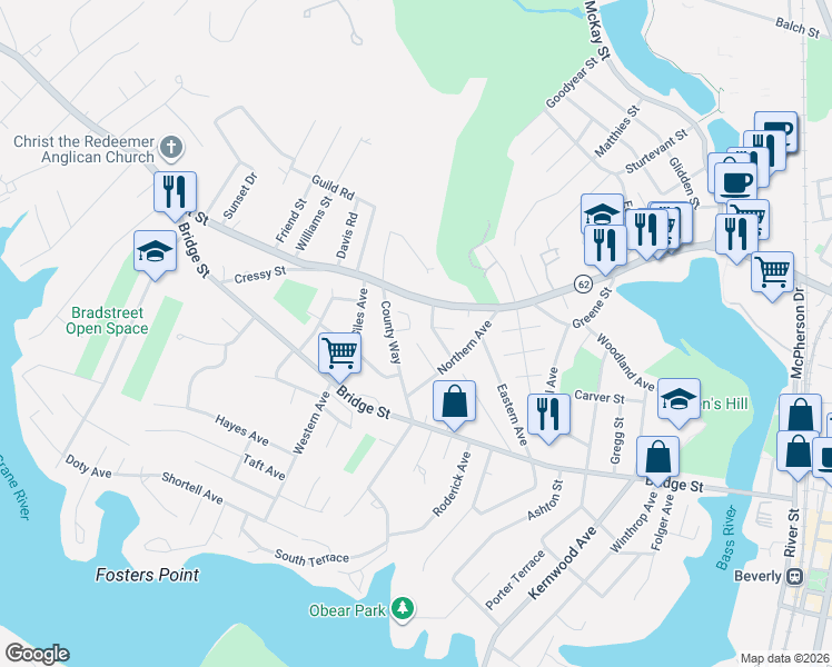 map of restaurants, bars, coffee shops, grocery stores, and more near 21 County Way in Beverly