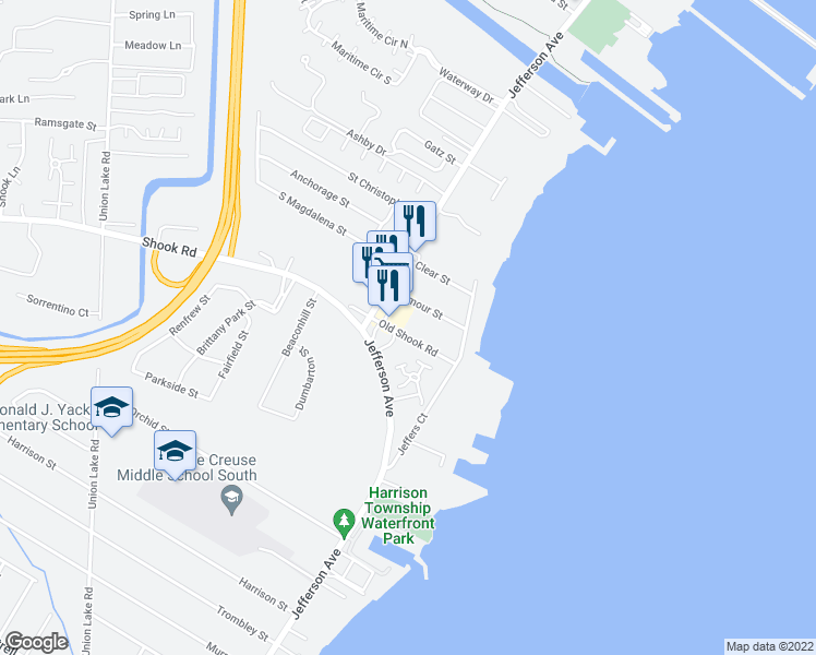 map of restaurants, bars, coffee shops, grocery stores, and more near 26085 Old Shook Road in Harrison charter Township
