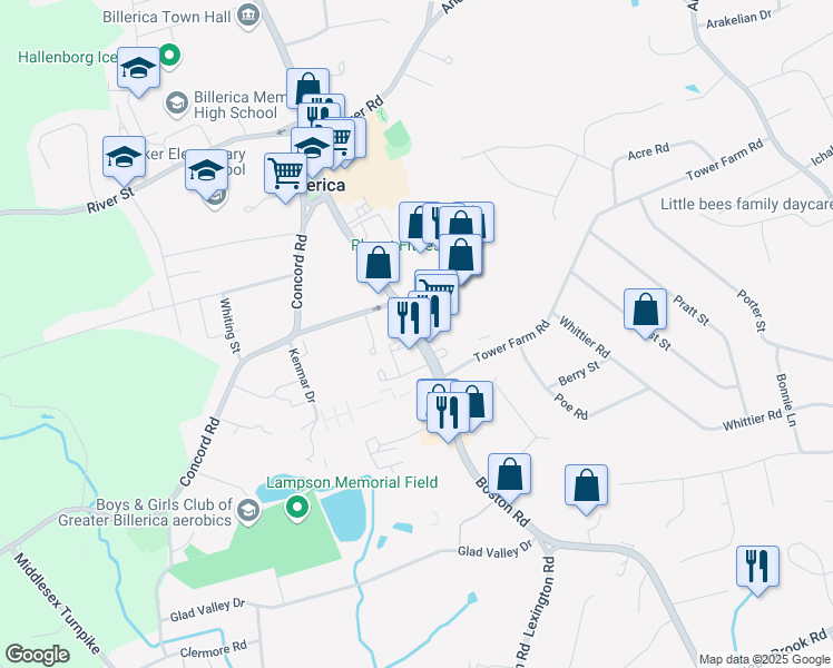 map of restaurants, bars, coffee shops, grocery stores, and more near 484 Boston Road in Billerica