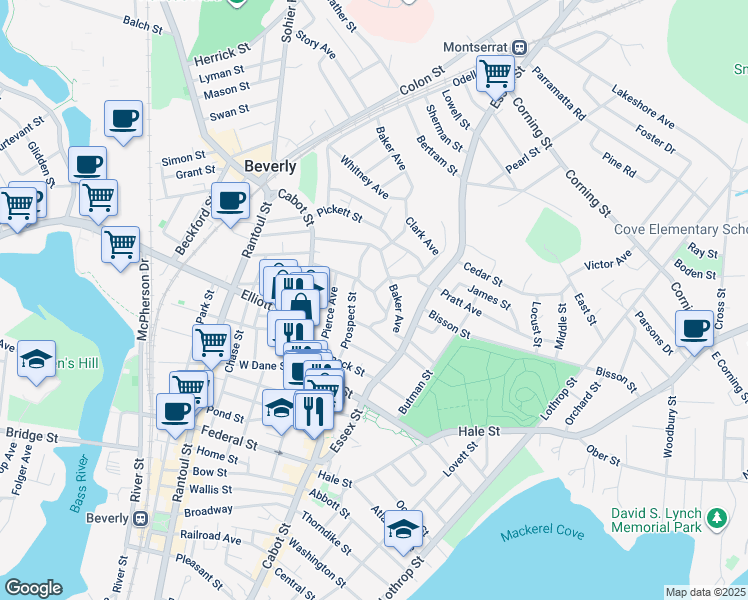 map of restaurants, bars, coffee shops, grocery stores, and more near 10 Baker Avenue in Beverly