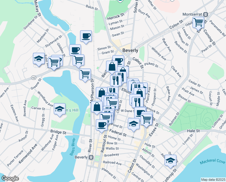map of restaurants, bars, coffee shops, grocery stores, and more near 38 Roundy Street in Beverly