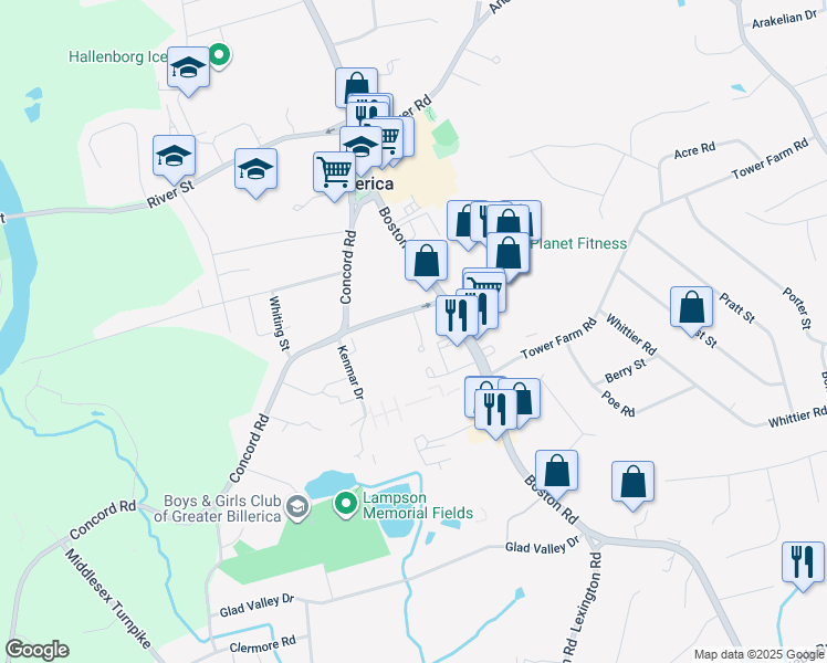 map of restaurants, bars, coffee shops, grocery stores, and more near 10 Cunningham Lane in Billerica