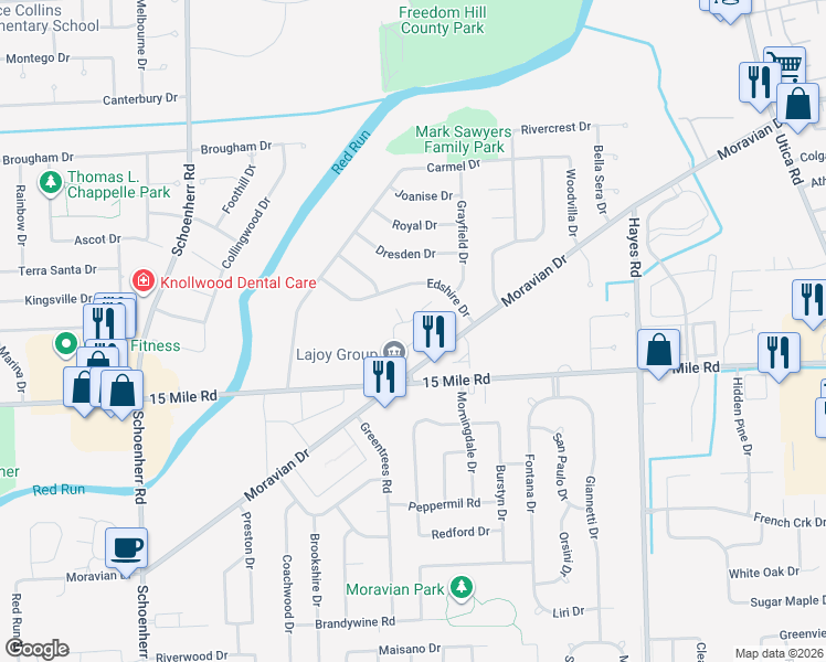 map of restaurants, bars, coffee shops, grocery stores, and more near 14515 15 Mile Road in Sterling Heights