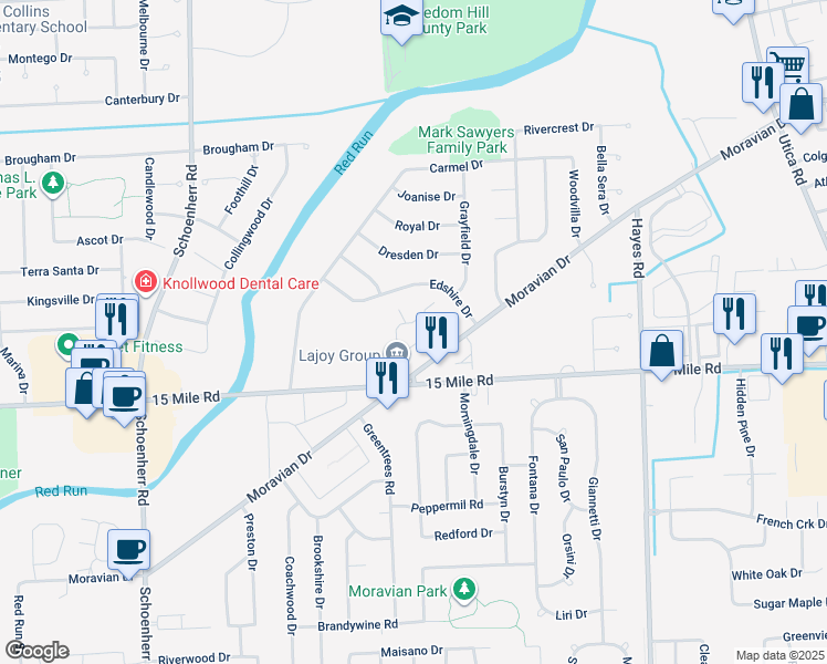 map of restaurants, bars, coffee shops, grocery stores, and more near 14515 15 Mile Road in Sterling Heights