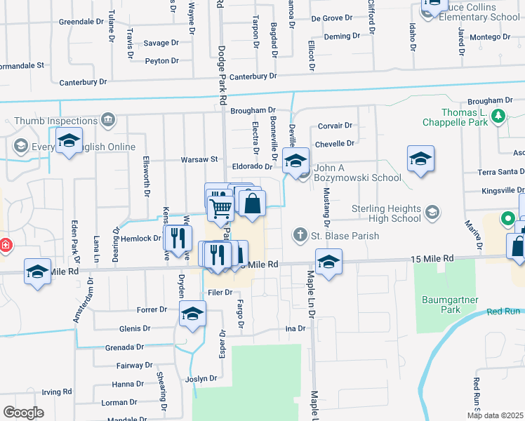 map of restaurants, bars, coffee shops, grocery stores, and more near 11891 15 Mile Road in Sterling Heights