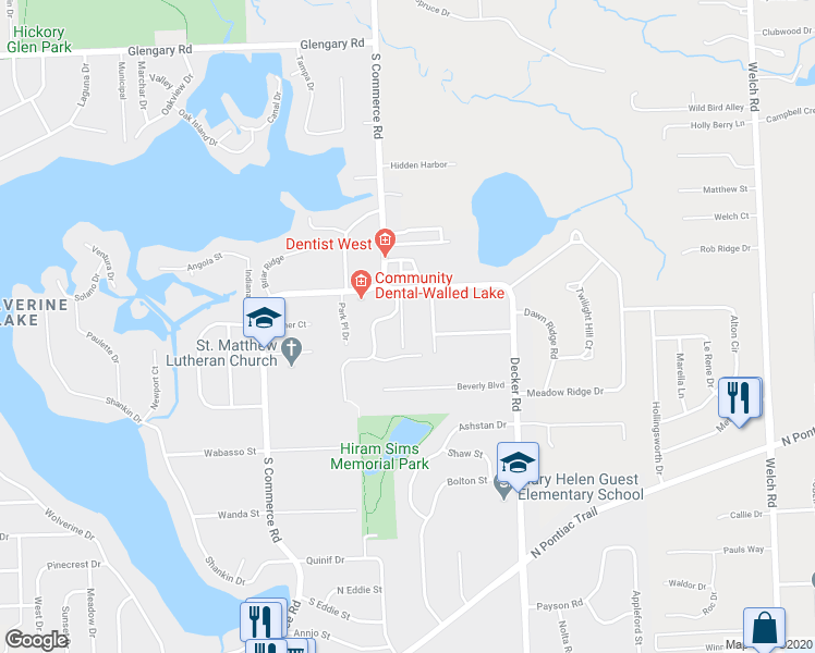 map of restaurants, bars, coffee shops, grocery stores, and more near 1412 Hidden Meadows Drive East in Walled Lake