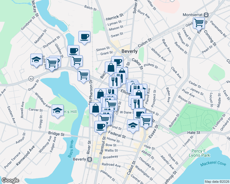 map of restaurants, bars, coffee shops, grocery stores, and more near 38 Roundy Street in Beverly