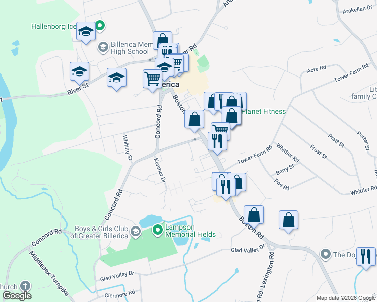 map of restaurants, bars, coffee shops, grocery stores, and more near 10 Cunningham Lane in Billerica