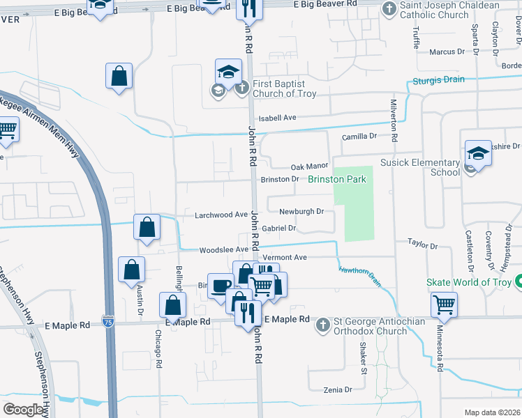 map of restaurants, bars, coffee shops, grocery stores, and more near 2006 John R Road in Troy