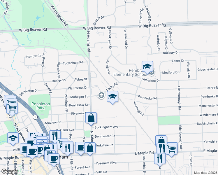 map of restaurants, bars, coffee shops, grocery stores, and more near 1225 Derby Road in Birmingham