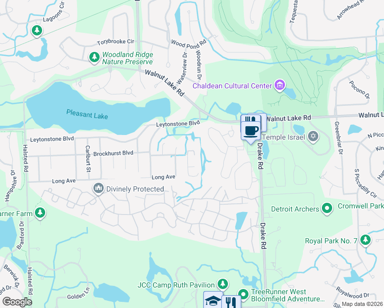 map of restaurants, bars, coffee shops, grocery stores, and more near 5643 Bryden Street in West Bloomfield Township