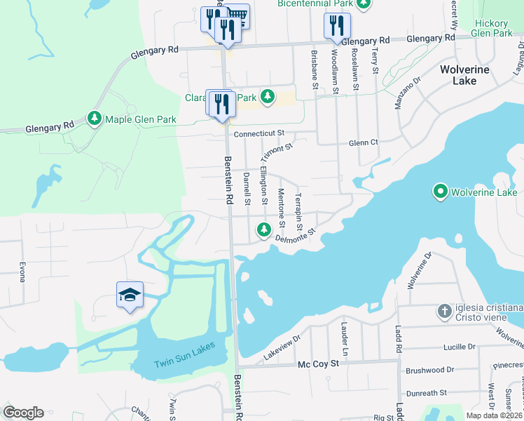 map of restaurants, bars, coffee shops, grocery stores, and more near 2160 Darnell Street in Commerce Charter Township