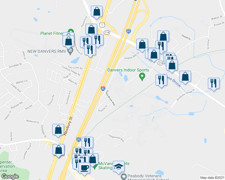 map of restaurants, bars, coffee shops, grocery stores, and more near 1000 Crane Brook Way in Peabody
