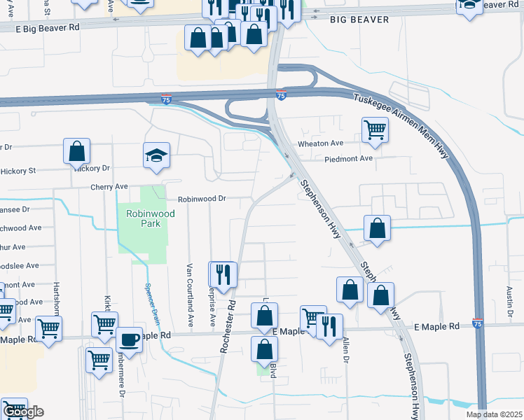 map of restaurants, bars, coffee shops, grocery stores, and more near 1020 Larchwood Drive in Troy