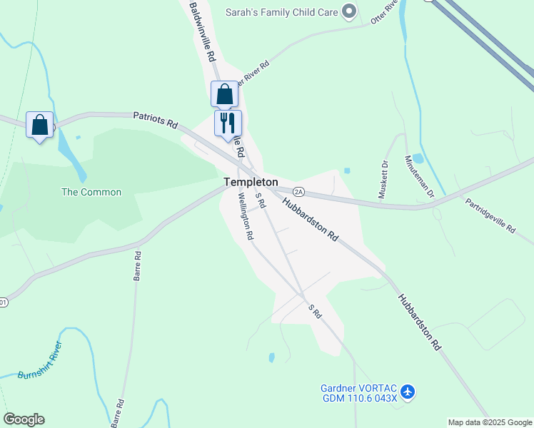 map of restaurants, bars, coffee shops, grocery stores, and more near 17 South Road in Templeton