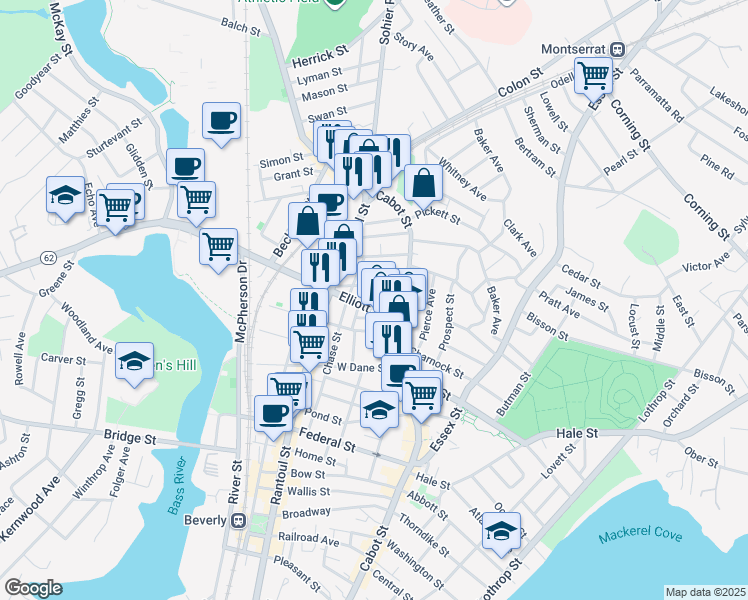 map of restaurants, bars, coffee shops, grocery stores, and more near 31 Elliott Street in Beverly