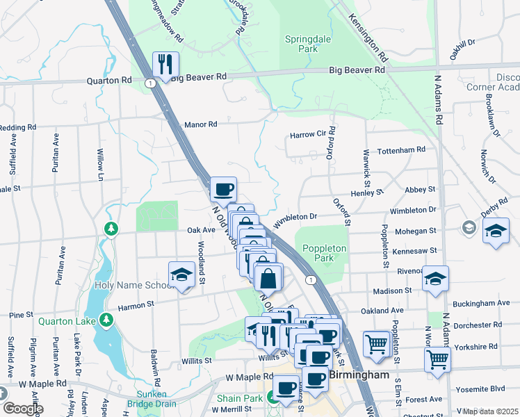map of restaurants, bars, coffee shops, grocery stores, and more near 36000 Woodward Avenue in Bloomfield Hills