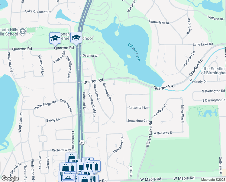 map of restaurants, bars, coffee shops, grocery stores, and more near 3995 Quarton Road in Bloomfield Township