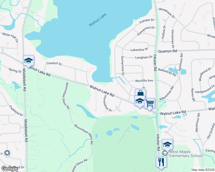 map of restaurants, bars, coffee shops, grocery stores, and more near 2346 Walnut Lake Road in West Bloomfield Township