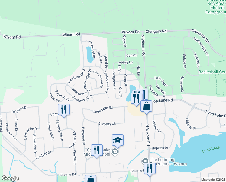 map of restaurants, bars, coffee shops, grocery stores, and more near 2201-2263 Evergreen Street in Wixom