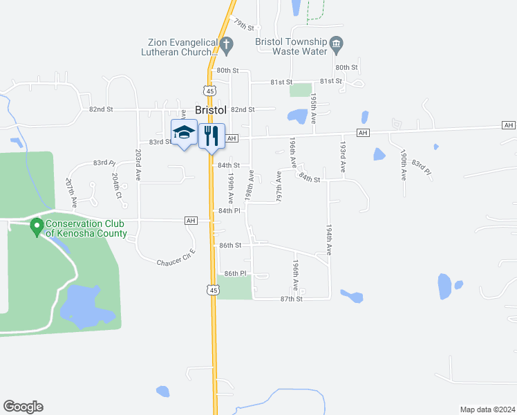 map of restaurants, bars, coffee shops, grocery stores, and more near 8483 198th Avenue in Bristol