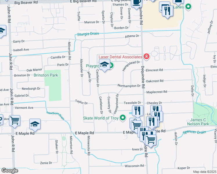 map of restaurants, bars, coffee shops, grocery stores, and more near 2739 Northampton Drive in Troy