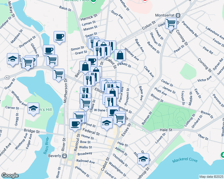 map of restaurants, bars, coffee shops, grocery stores, and more near 13 Chestnut Park in Beverly