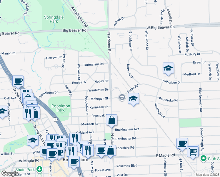 map of restaurants, bars, coffee shops, grocery stores, and more near 971 North Adams Road in Birmingham