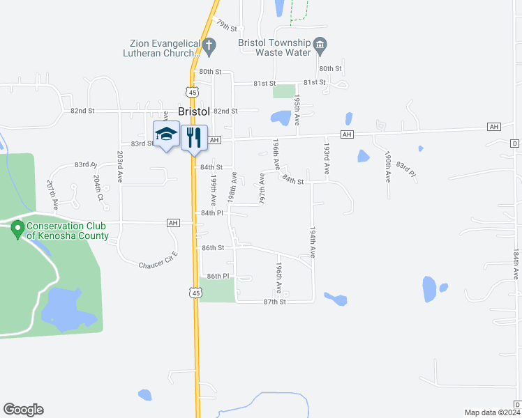 map of restaurants, bars, coffee shops, grocery stores, and more near 19708 84th Place in Bristol