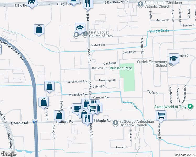 map of restaurants, bars, coffee shops, grocery stores, and more near 2107 Prescott Drive in Troy