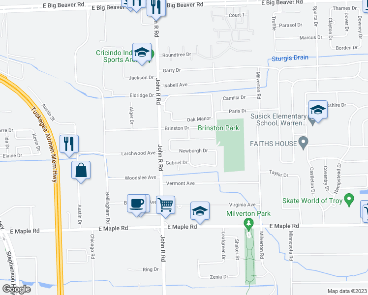map of restaurants, bars, coffee shops, grocery stores, and more near 2107 Prescott Drive in Troy